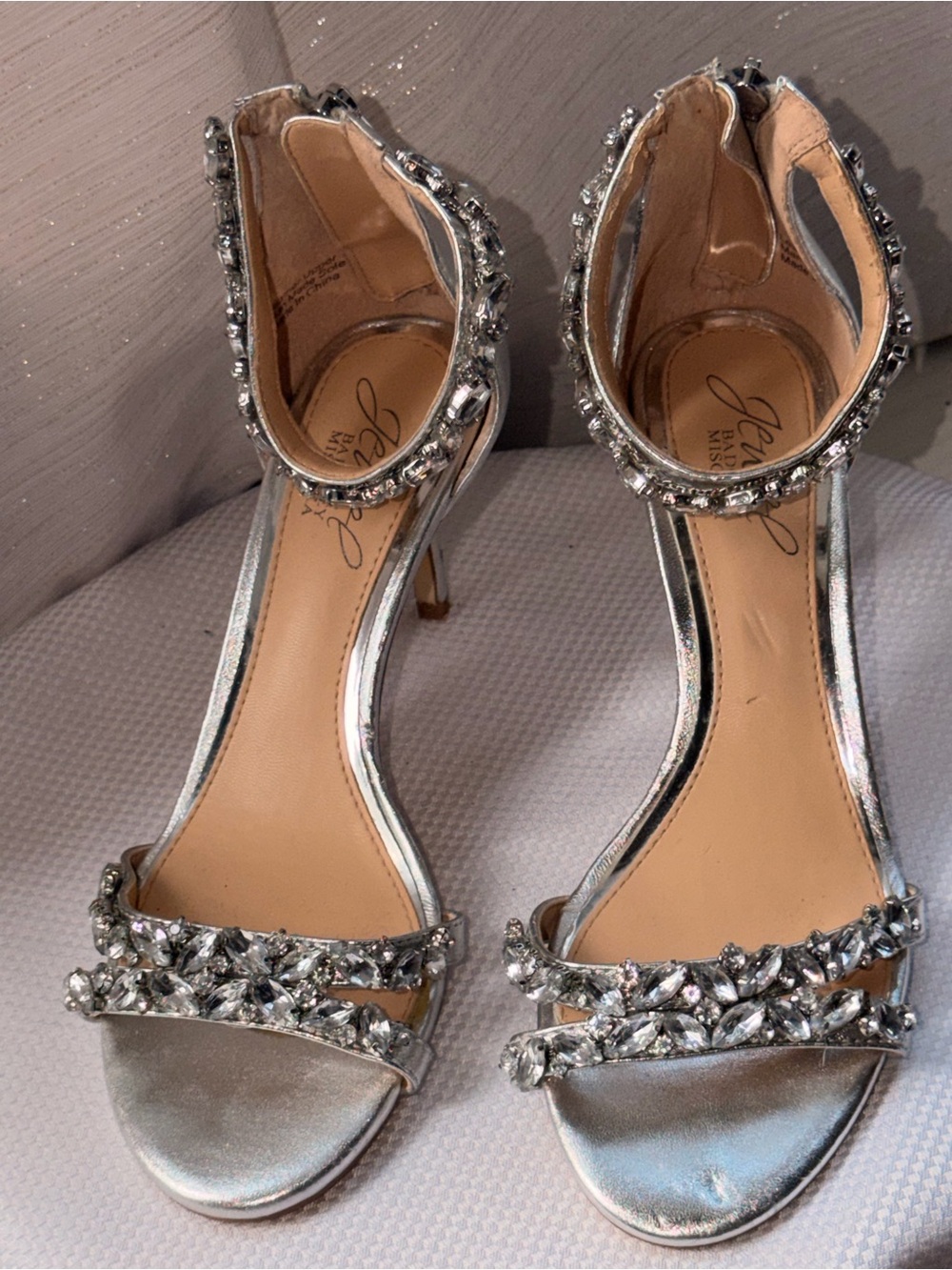 Jewel Badgley Mischka Silver Jeweled Ankle-Strap Heels